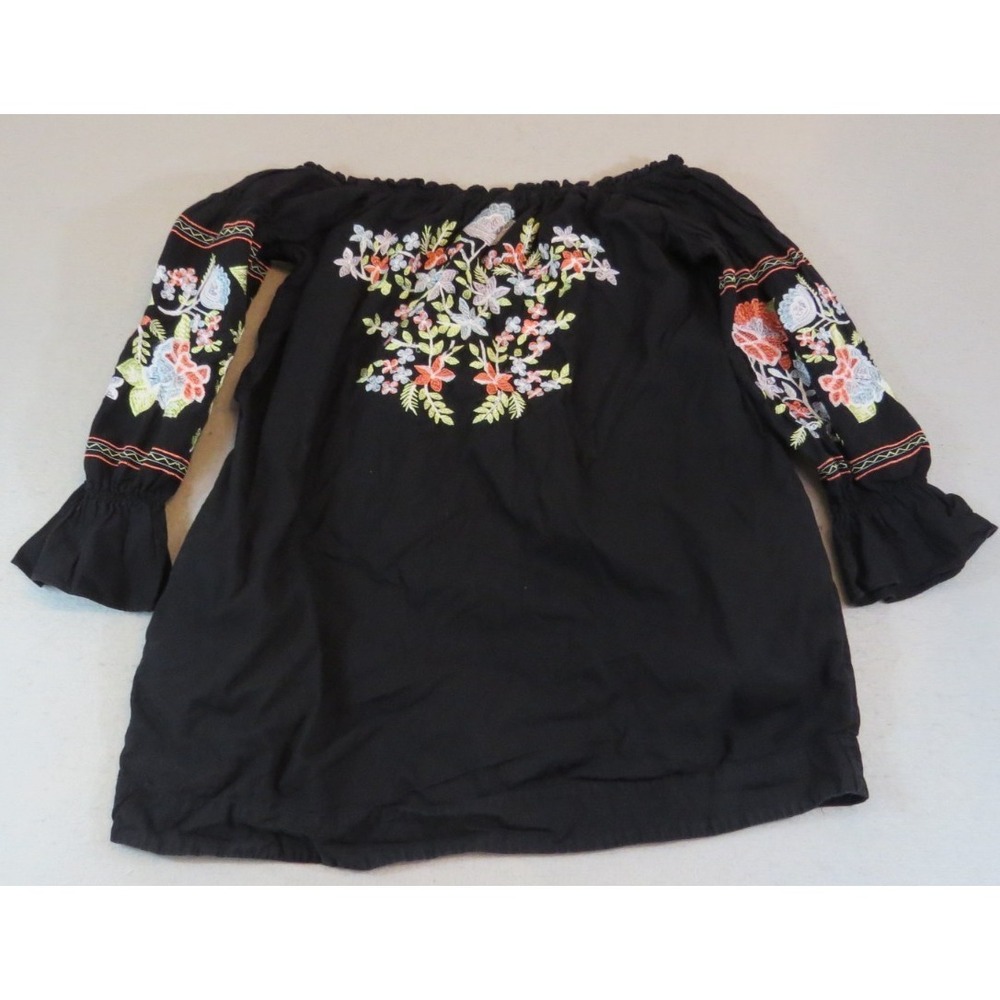 Free People Fleur Du Jour Mini Dress S Black Floral Embroidered Boho Peasant EUC